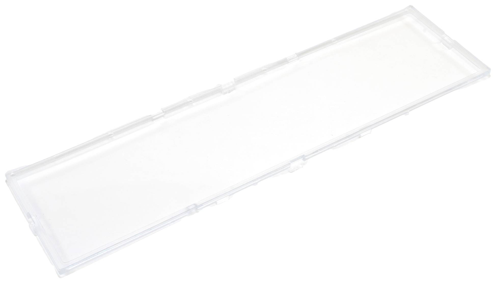 Un couvercle en plastique transparent et rectangulaire, probablement un couvercle de boîtier, sur un fond blanc.