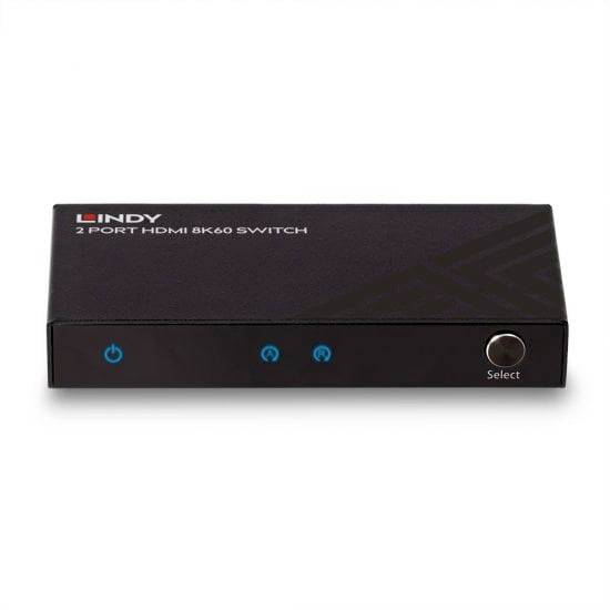 Commutateur HDMI noir à 2 ports, marque en haut à gauche. Symboles bleus et touche 'Select' à l'avant.