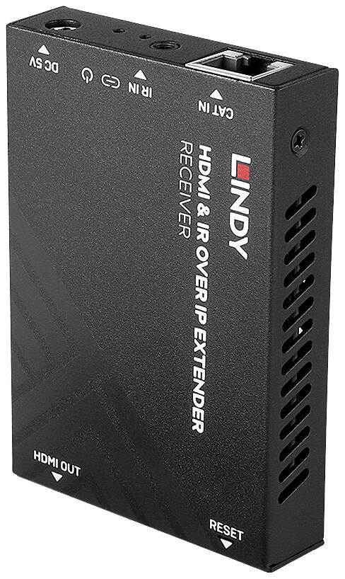 Récepteur d'extendeur HDMI et IR sur IP noir avec logo LINDY. Comprend des connexions HDMI et réseau Cat ainsi qu'un bouton de réinitialisation.