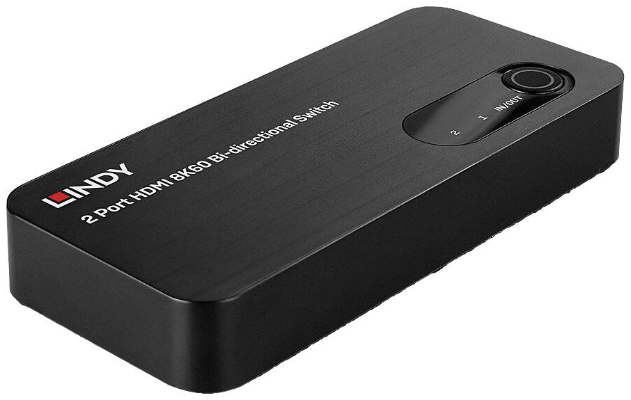 Commutateur HDMI bidirectionnel à deux ports de LINDY, prenant en charge 8K à 60 Hz, étiqueté « Commutateur bidirectionnel HDMI 2 ports 8K60 ».