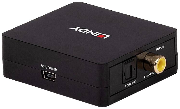 Convertisseur audio numérique noir avec connexions USB/Alimentation et entrées pour Toslink et câble coaxial, logo de marque 'LINDY'.