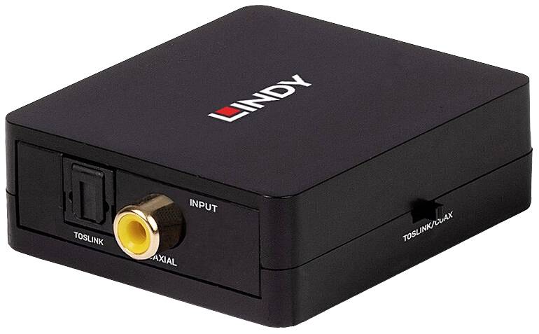 Un petit appareil électronique noir avec l'inscription 'LINDY'. Il dispose d'entrées Toslink et coaxiales sur la face avant.