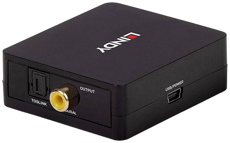 Un convertisseur audio numérique avec des sorties Toslink et coaxiales, ainsi qu'une entrée d'alimentation USB.
