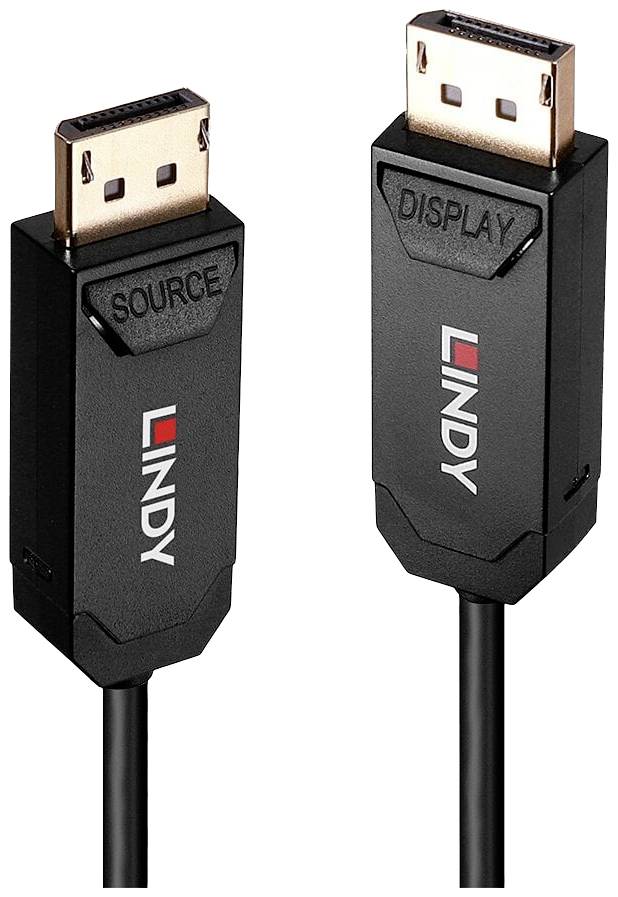 Deux fiches DisplayPort noires avec les inscriptions 'SOURCE' et 'DISPLAY'. La marque 'Lindy' est visible.