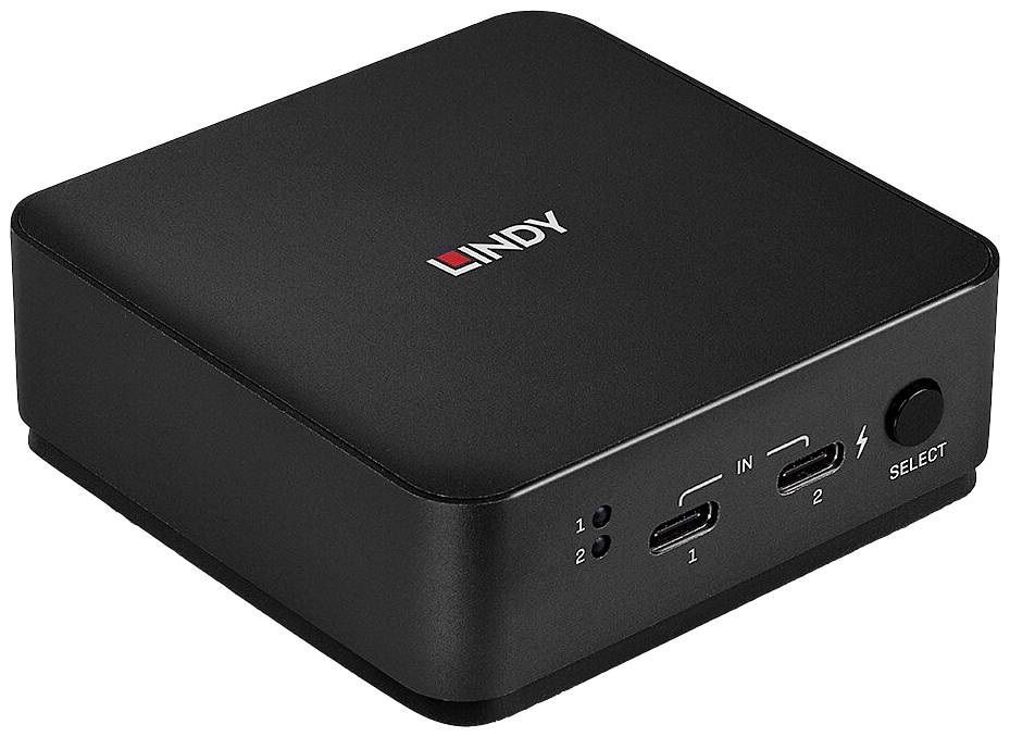 Boîte de commutation HDMI Lindy noire avec deux ports HDMI et un sélecteur sur la face avant.