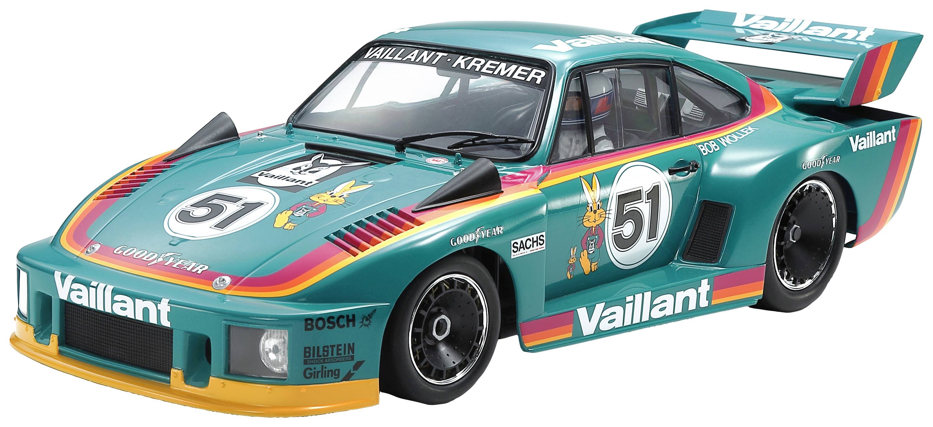 Modèle réduit d'une voiture de course à l'échelle avec un design Vaillant turquoise, portant le numéro 51 et des bandes colorées.