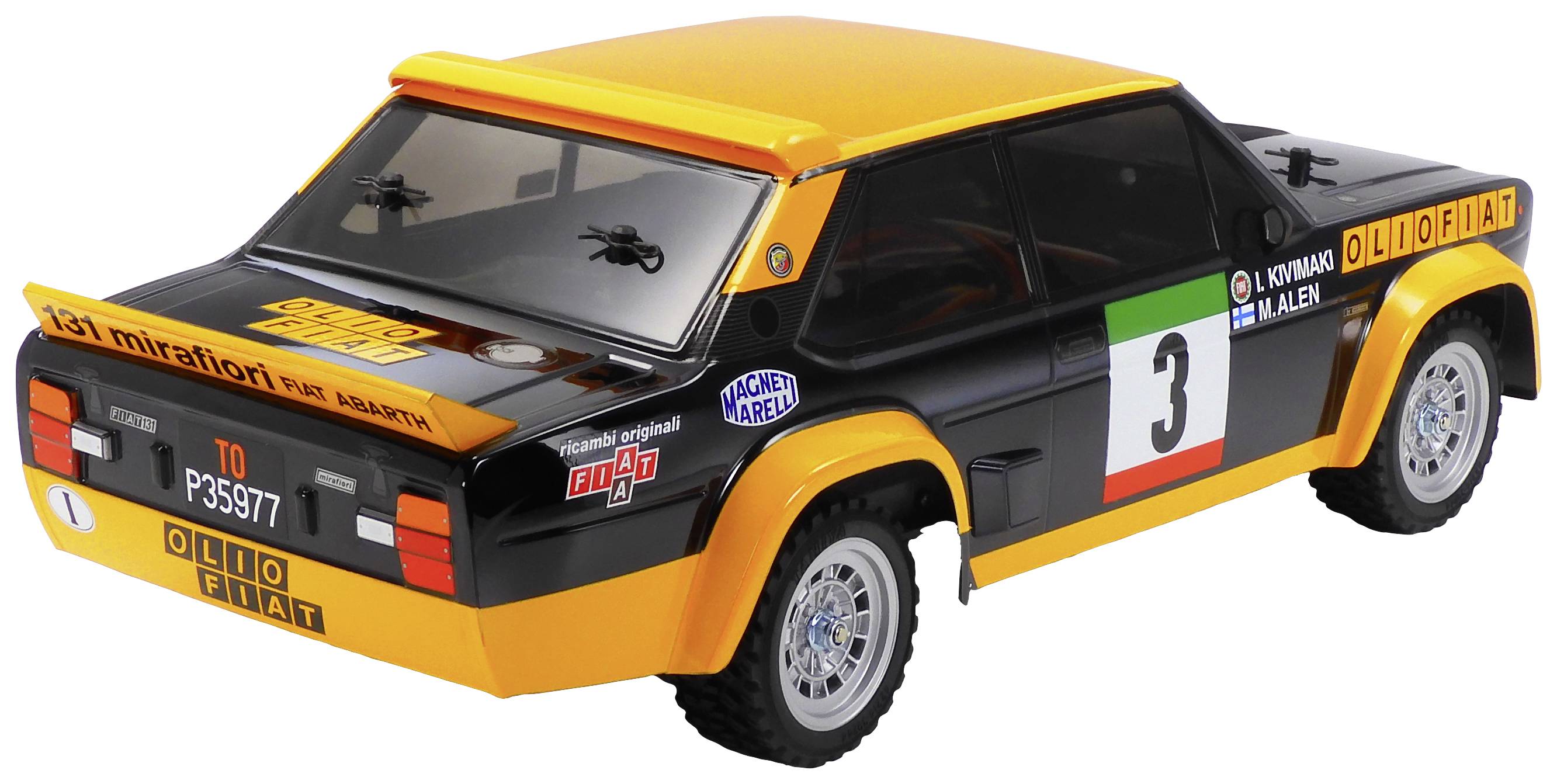 Modèle réduit d'une voiture de rallye Fiat-Abarth classique en noir et orange, portant le numéro 3 et les logos des sponsors.