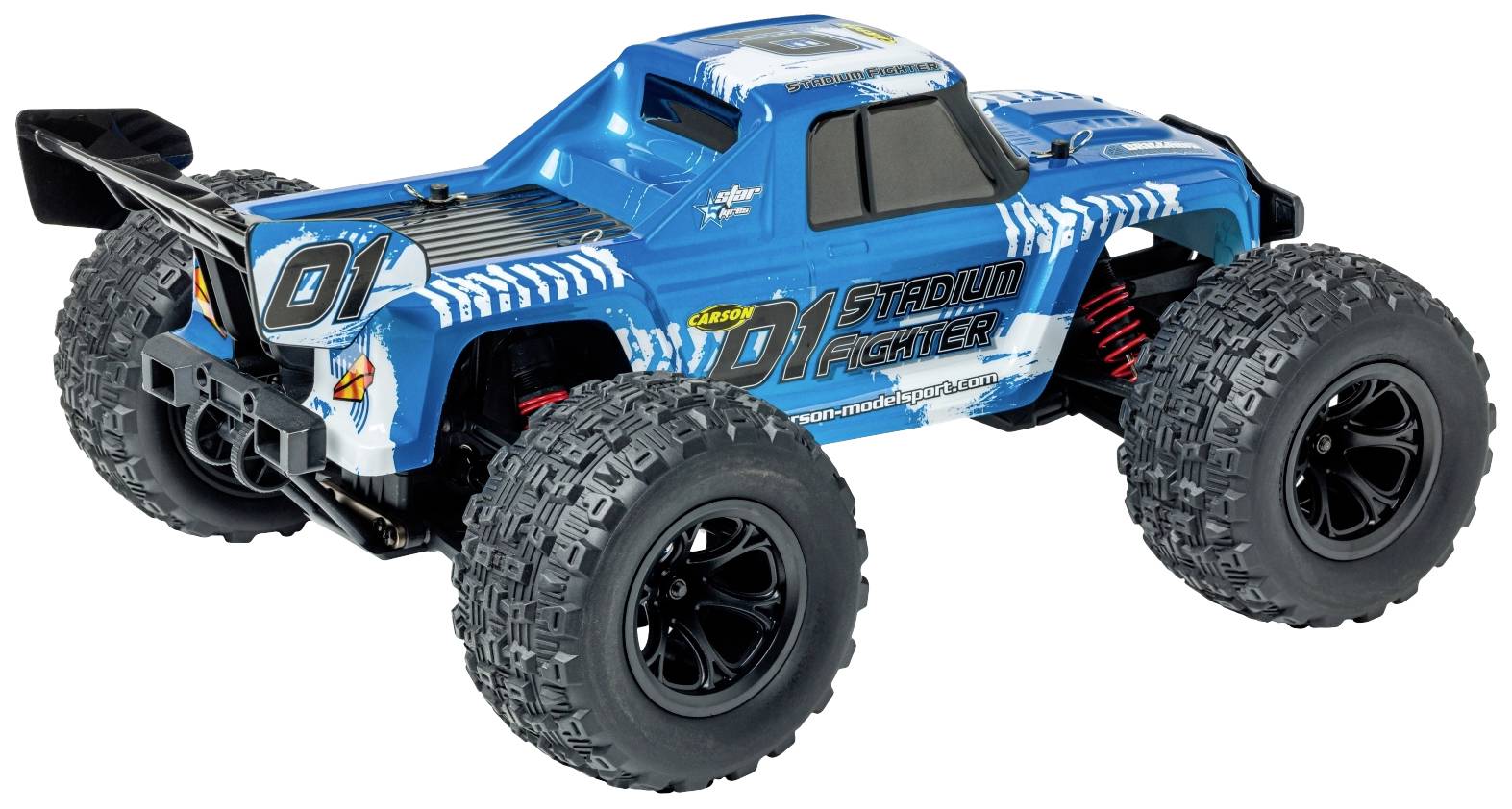 Un camion tout-terrain télécommandé bleu portant l'inscription 'Stadium Fighter' sur le côté, avec de grandes roues et un design spectaculaire.