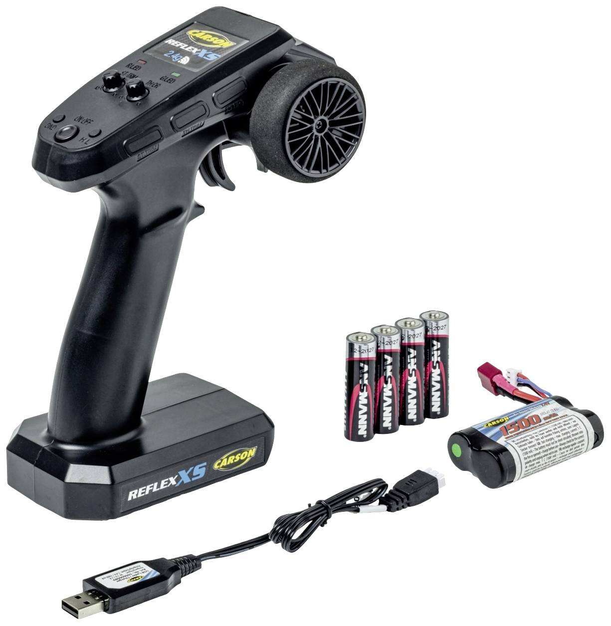 Télécommande pour voitures RC avec volant et écran, piles, batterie et câble de chargement USB. Convient aux passionnés de modélisme.