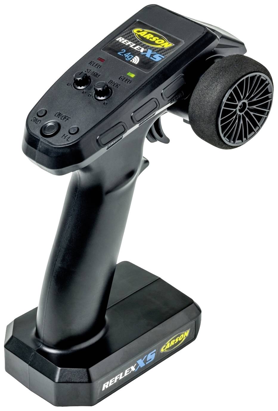 Télécommande radio avec poignée noire et commande au volant sur le côté, adaptée pour voitures télécommandées, avec touches et écran sur le dessus.