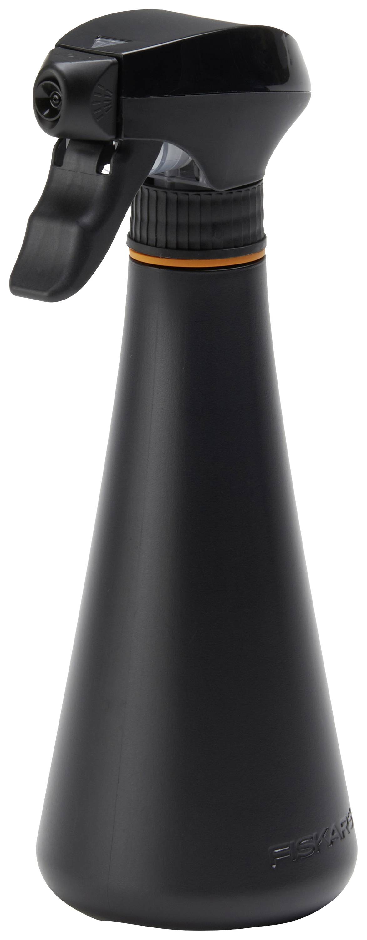 Un flacon pulvérisateur noir avec une poignée ergonomique et un design étroit et conique.