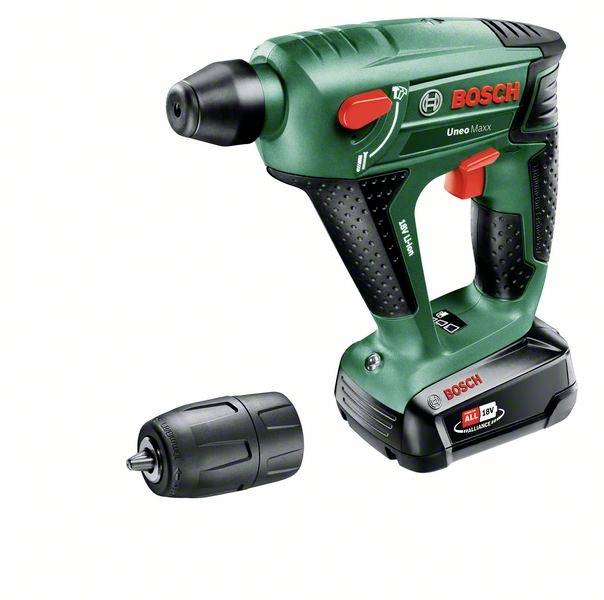 Bosch Uneo Maxx perceuse-visseuse sans fil, avec poignée rouge et tête de perçage supplémentaire. Compact et sans fil, idéal pour les travaux de bricolage.