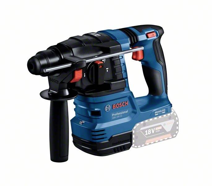 Marteau perforateur Bosch, bleu et noir, sans fil, avec interrupteur et poignée rouges. Marqué 'Professional' et '18V' sur le côté.