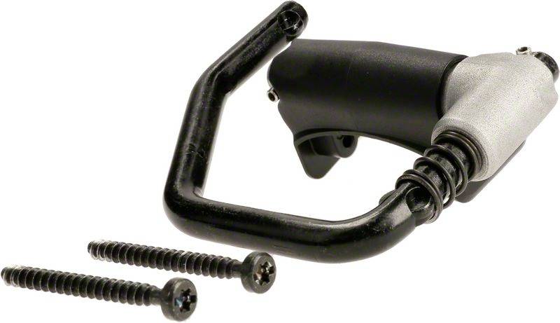Collier de selle de vélo noir avec un levier argenté, à côté de deux vis en métal.