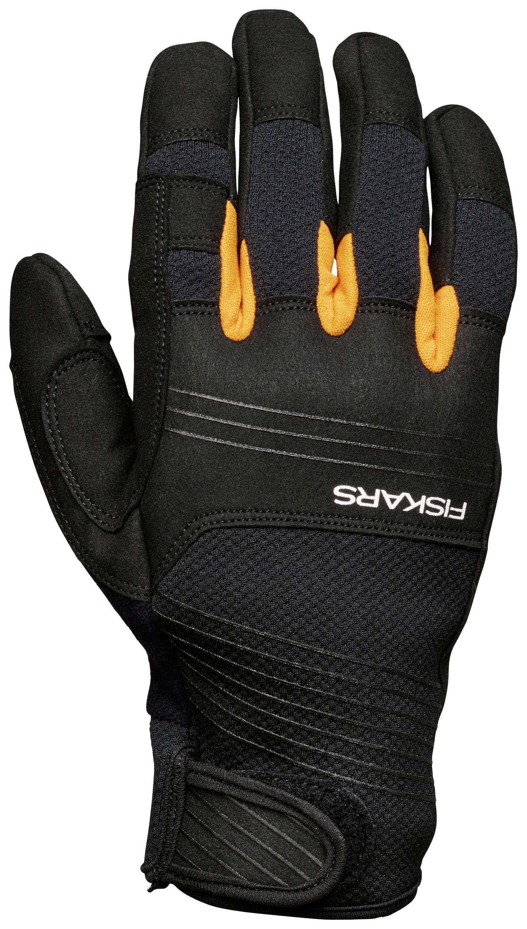 Un gant noir avec des accents orange et l'inscription 'Fiskars' sur le dos de la main. Adapté pour le travail.