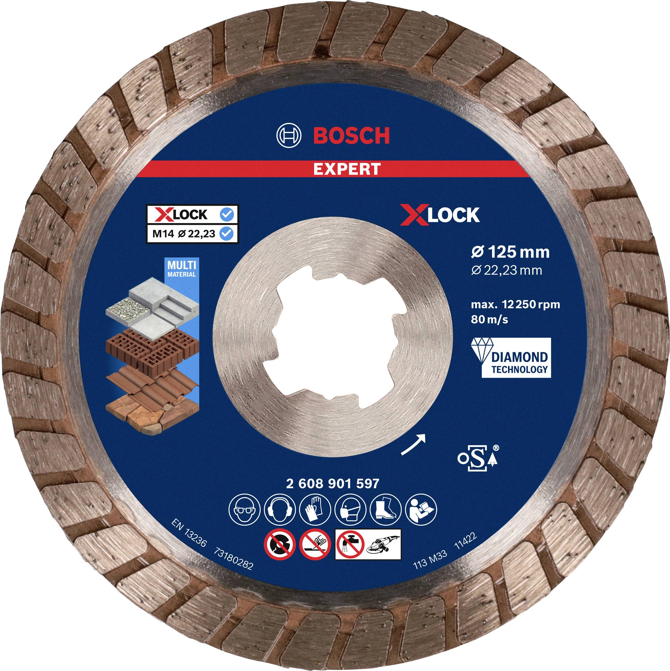 Disque diamanté Bosch Expert, 125 mm, adapté aux meuleuses d'angle X-Lock. Idéal pour la coupe du béton et des briques.