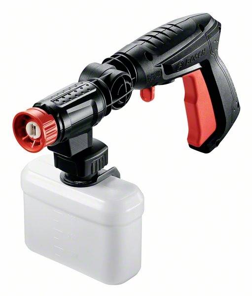 Un pistolet de nettoyeur haute pression noir et rouge avec un réservoir de détergent blanc en dessous.