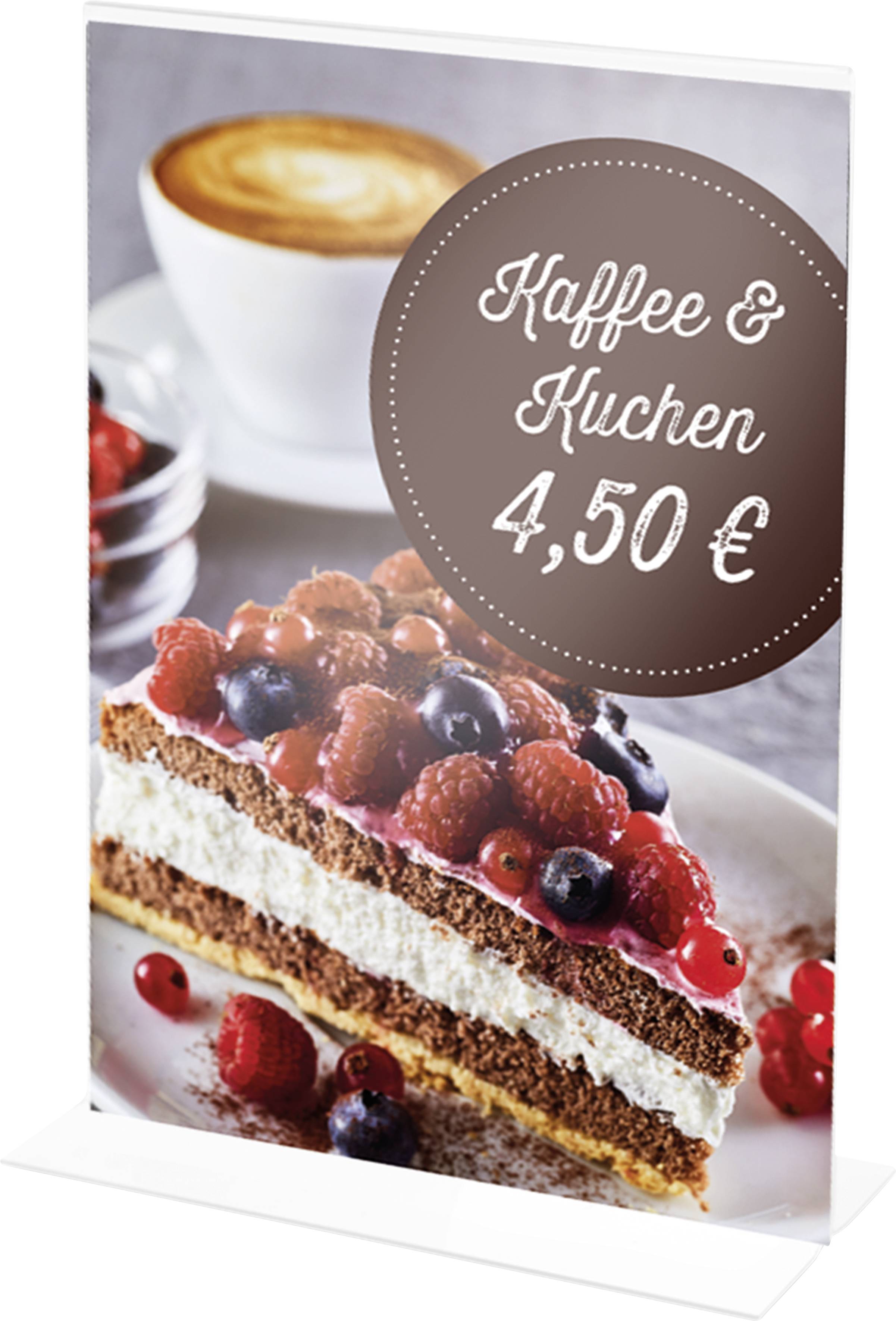 Porte-menu avec une tasse de cappuccino et un morceau de gâteau aux fruits rouges. Texte : « Café & Gâteau 4,50 € »