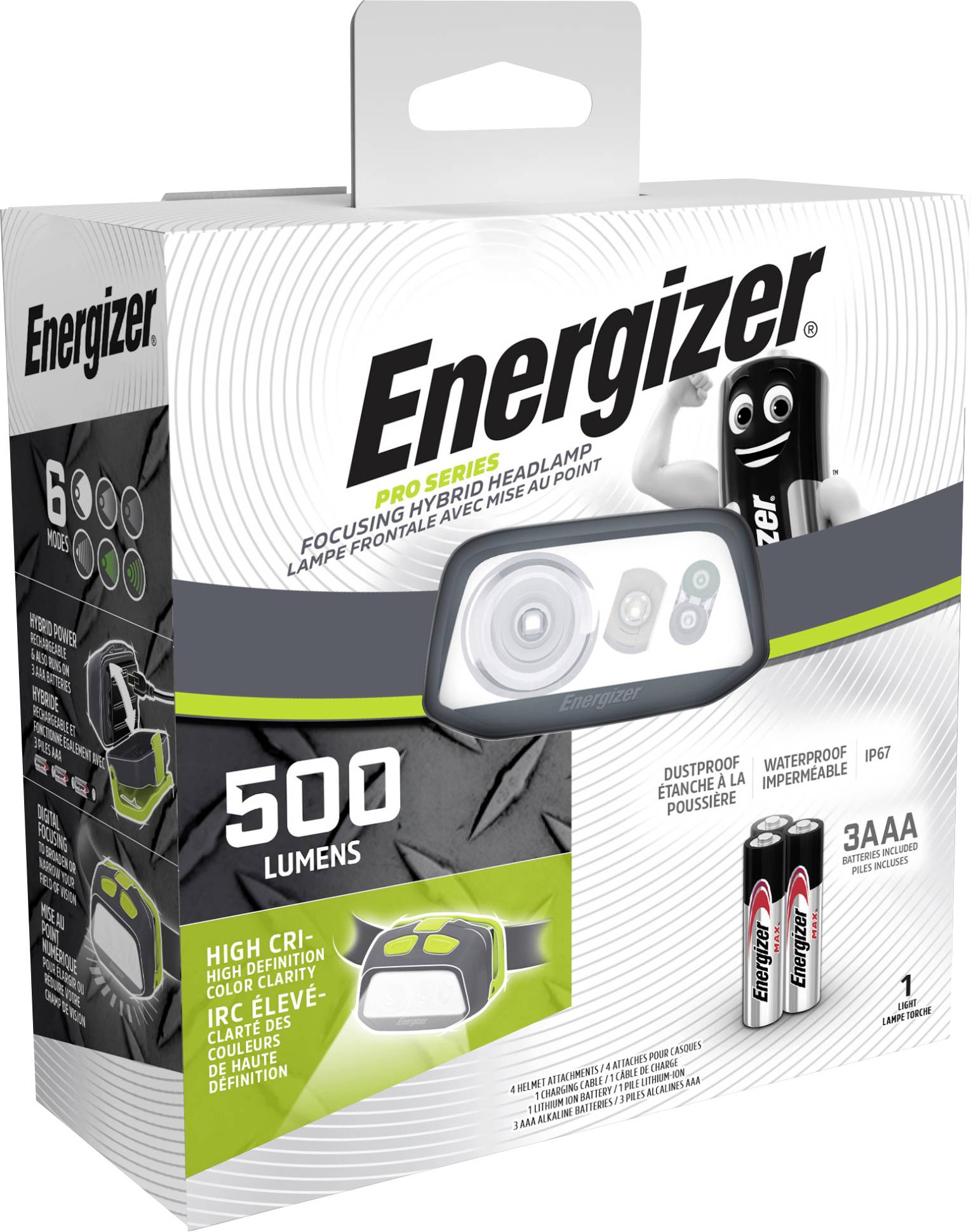 Lampe frontale LED Energizer Pro Series Hybrid batteries Li-ions ou fonctionnement à piles 500 lm 2 h E303955100