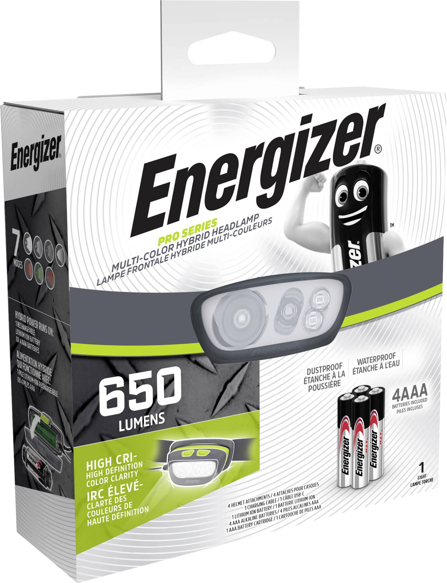 Lampe frontale LED Energizer Pro Series Multicolor Hybrid batteries Li-ions ou fonctionnement à piles 650 lm 6 h E303955400