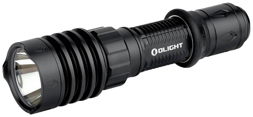 Lampe de poche noire au design robuste et à la poignée texturée, adaptée aux missions tactiques ou aux aventures en plein air.