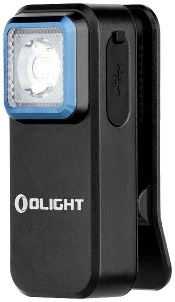 Lampe de poche portable noire de la marque 'Olight', équipée d'un clip et d'un port de chargement USB, adaptée à divers besoins d'éclairage.