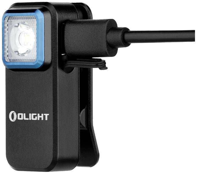 Lampe LED portable noire avec clip et câble de chargement USB, adaptée à une utilisation polyvalente.