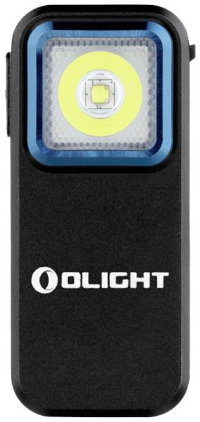 Lampe de poche LED noire au design rectangulaire, avec un anneau LED jaune et un contour bleu. Nom de marque 'Olight' sur la face avant.