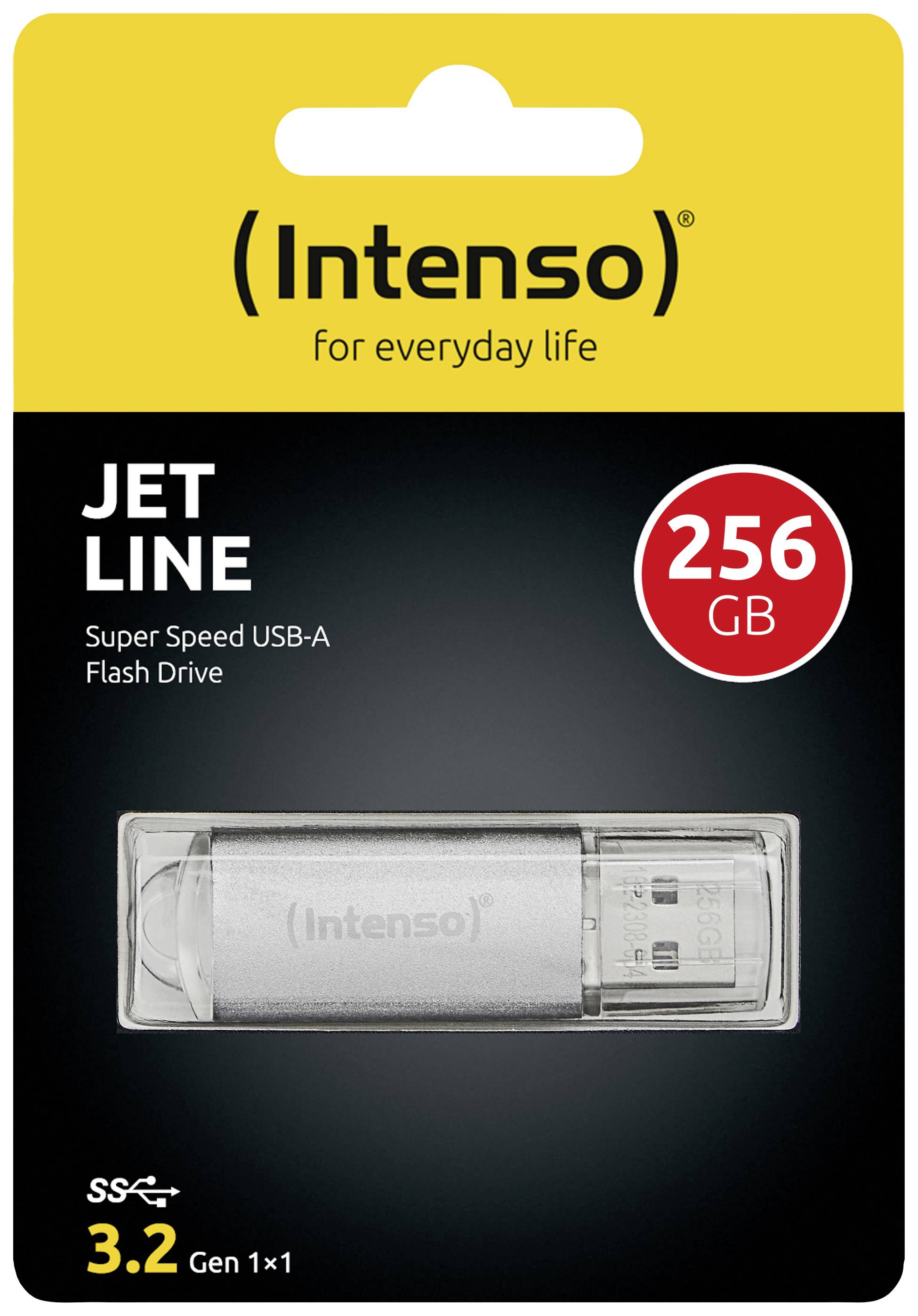 Clé USB 'Intenso Jet Line' de 256 Go, compatible avec Super Speed USB-A, sur un fond de packaging noir et jaune.