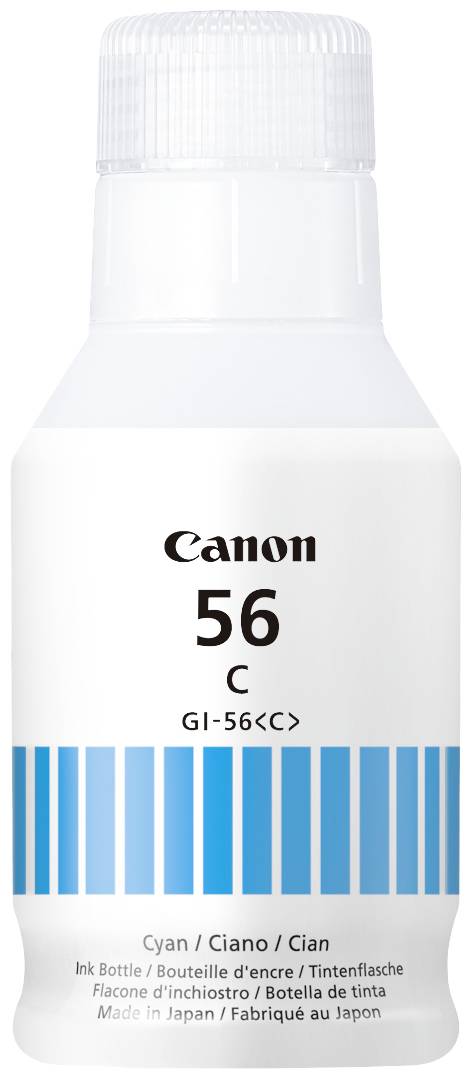 Bouteille d'encre bleue Canon, modèle 56 C, pour imprimante. L'étiquette contient du texte en plusieurs langues et porte la mention 'Made in Japan'.