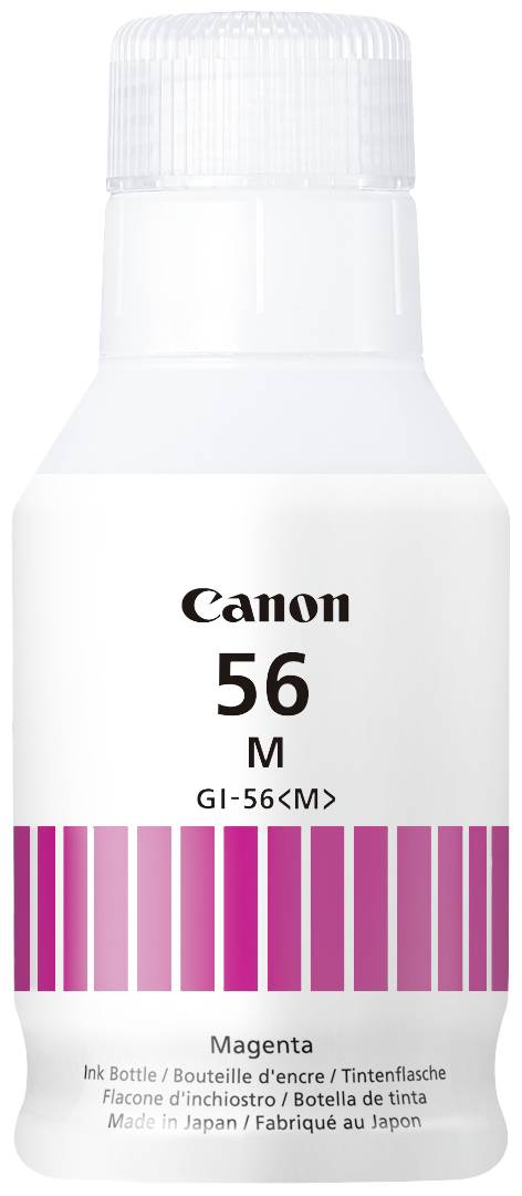 Bouteille d'encre pour imprimante Canon, modèle GI-56M, à encre magenta. La bouteille possède un bouchon blanc et contient 135 ml d'encre.