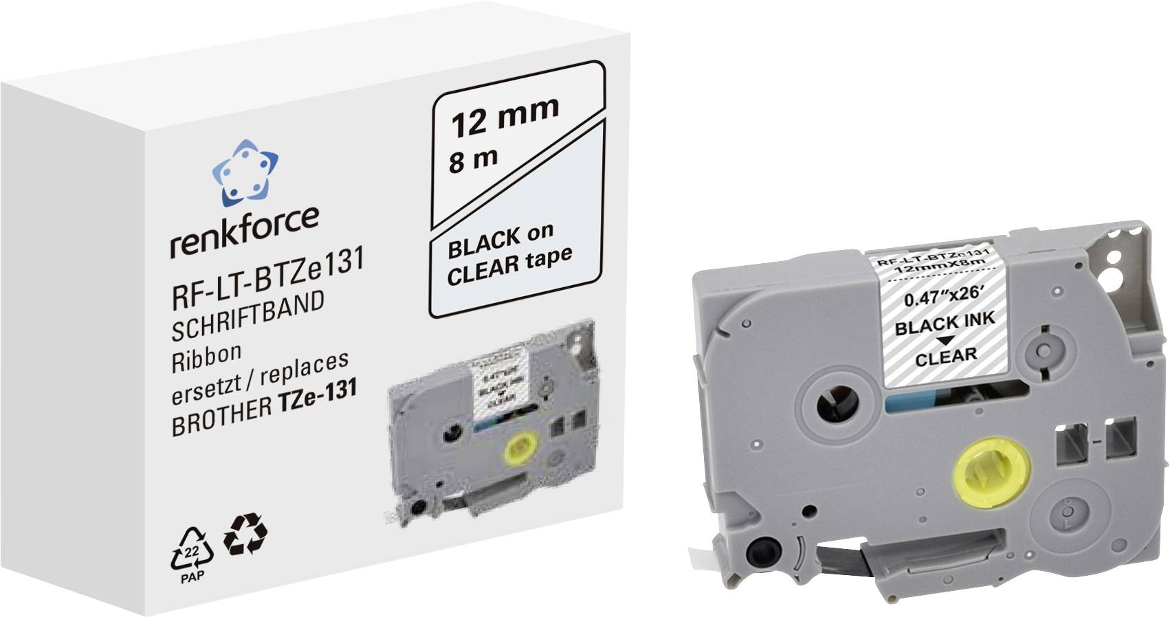 Un emballage et un boîtier pour un ruban d'étiquettes de 12 mm x 8 m. Compatible avec Brother TZe-131, affichant du texte 'Noir sur Transparent'.