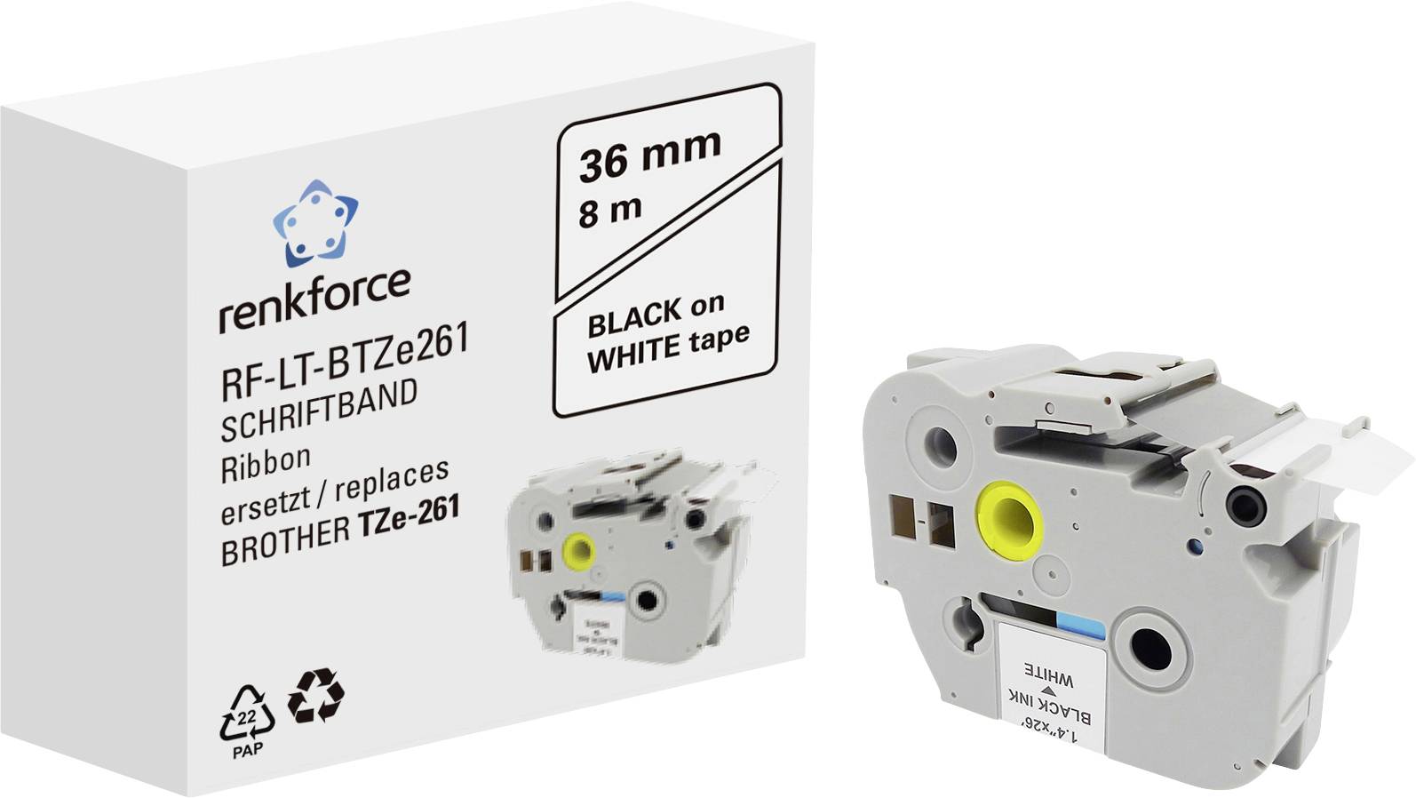 Renkforce RF-LT-BTZe261 cartouche de ruban pour étiqueteuse avec cassette. Taille : 36 mm, longueur : 8 m. Texte noir sur bande blanche. Compatible avec Brother TZe-261.