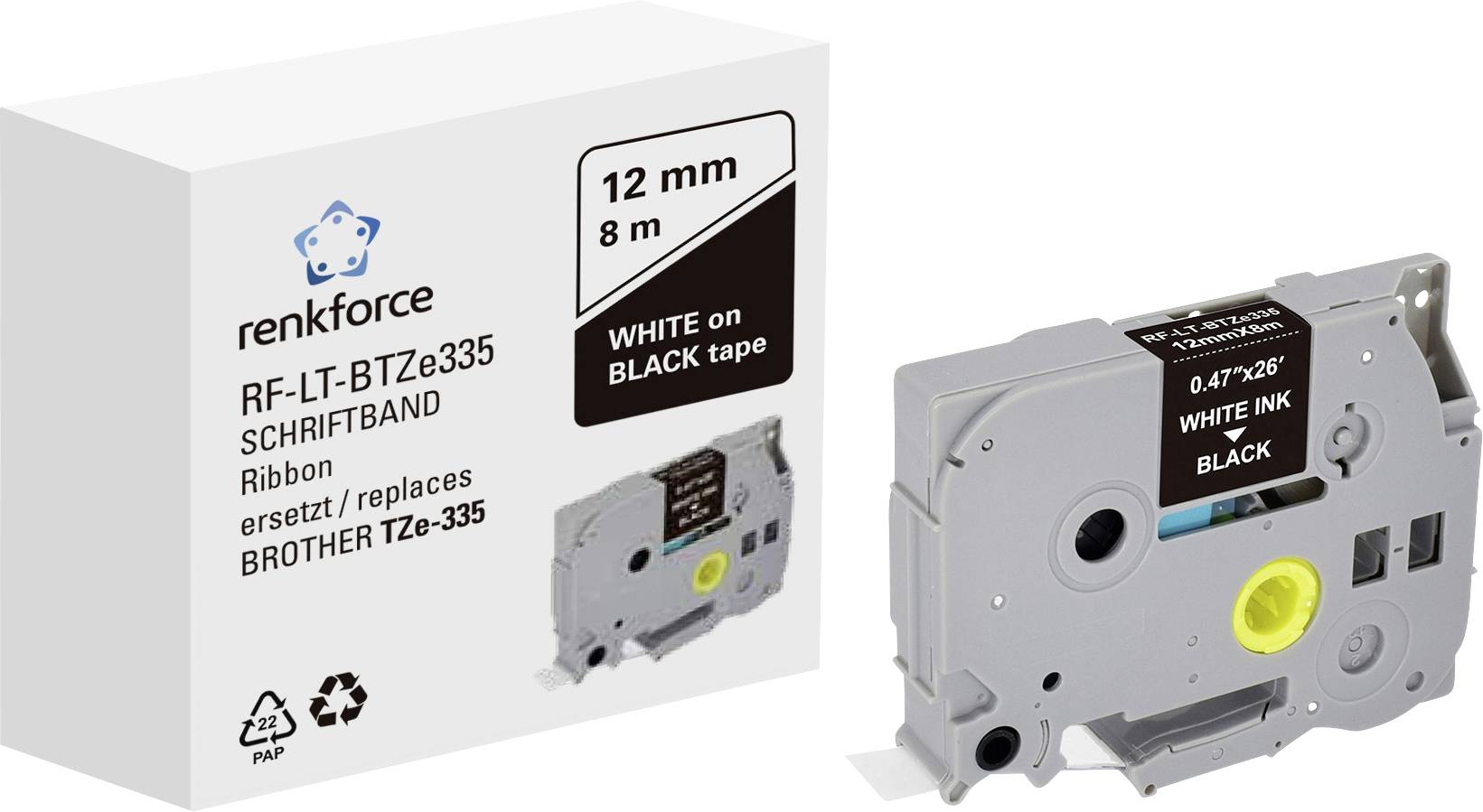 Cassette de ruban d'étiquettes en gris, compatible avec Brother TZe-335, largeur de 12 mm, longueur de 8 m, écriture blanche sur bande noire.