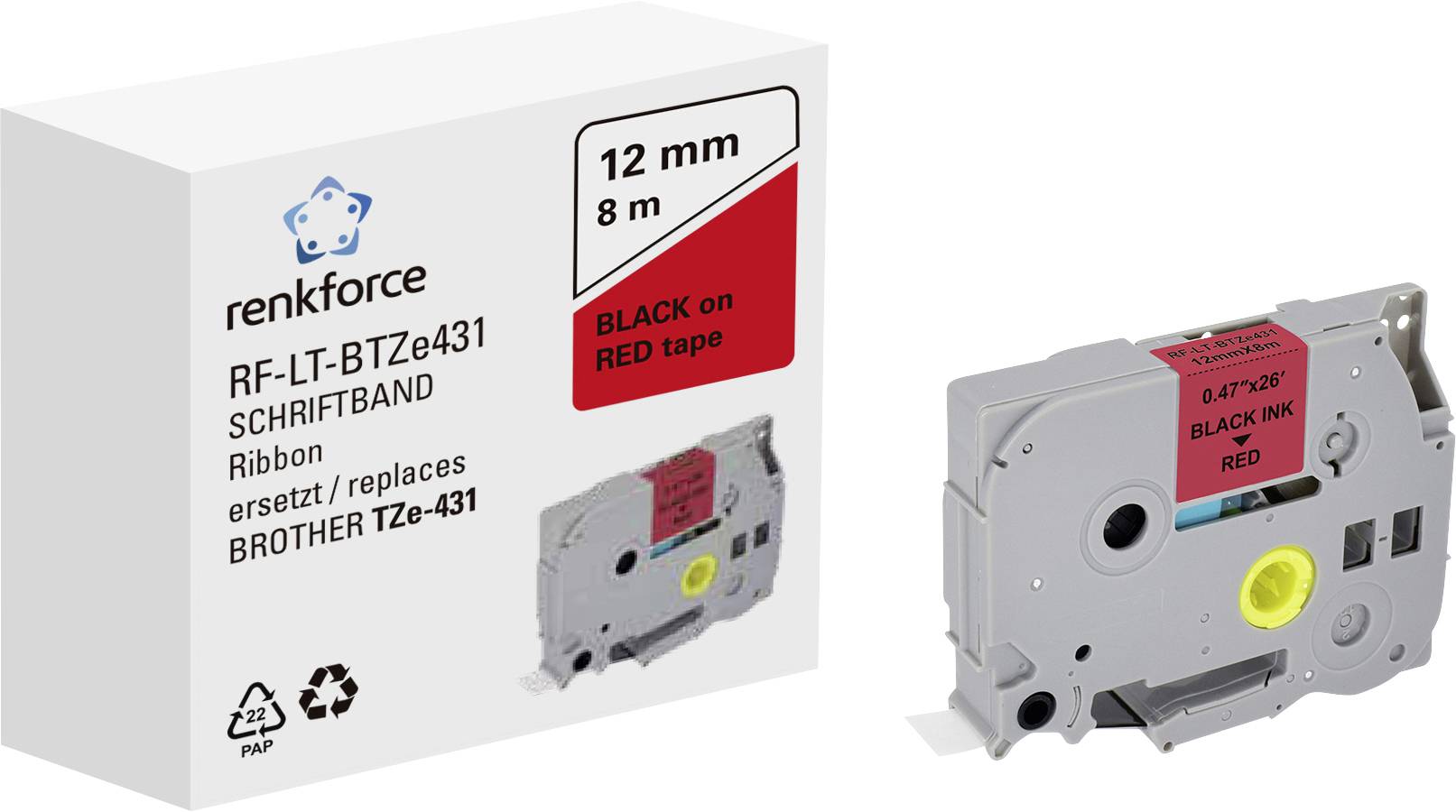 Un rouleau d'étiquettes Noir sur Rouge de la marque renkforce, 12 mm x 8 m, compatible avec Brother TZe-431, représenté à côté de la cassette.