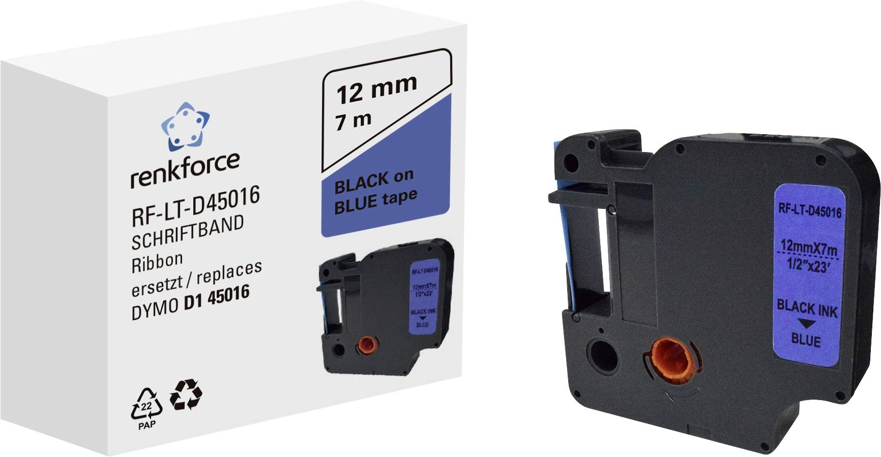 Emballage et cartouche d'une bande d'étiquettes Renkforce RF-LT-D45016, 12 mm x 7 m, noir sur bleu, compatible avec DYMO D1 45016.