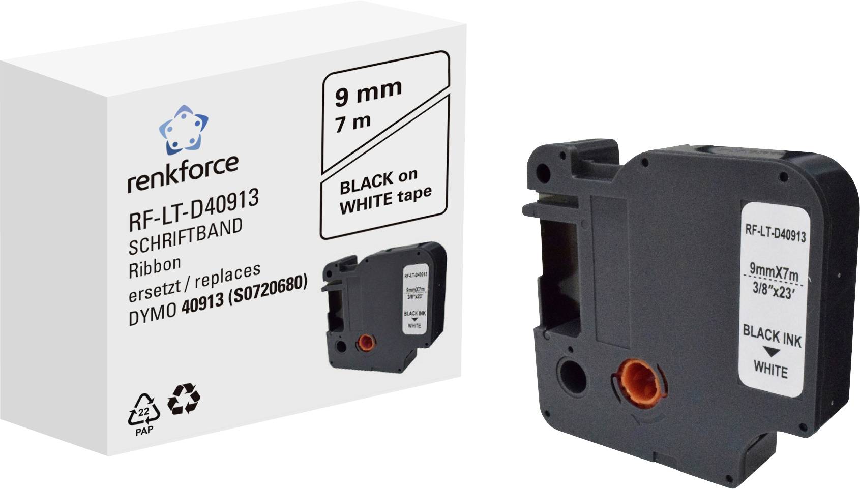 Ruban d'étiquetage et cartouche d'encre renkforce pour étiqueteuses, compatibles avec les modèles Dymo. Texte noir sur bande blanche, largeur de 9 mm, longueur de 7 m.