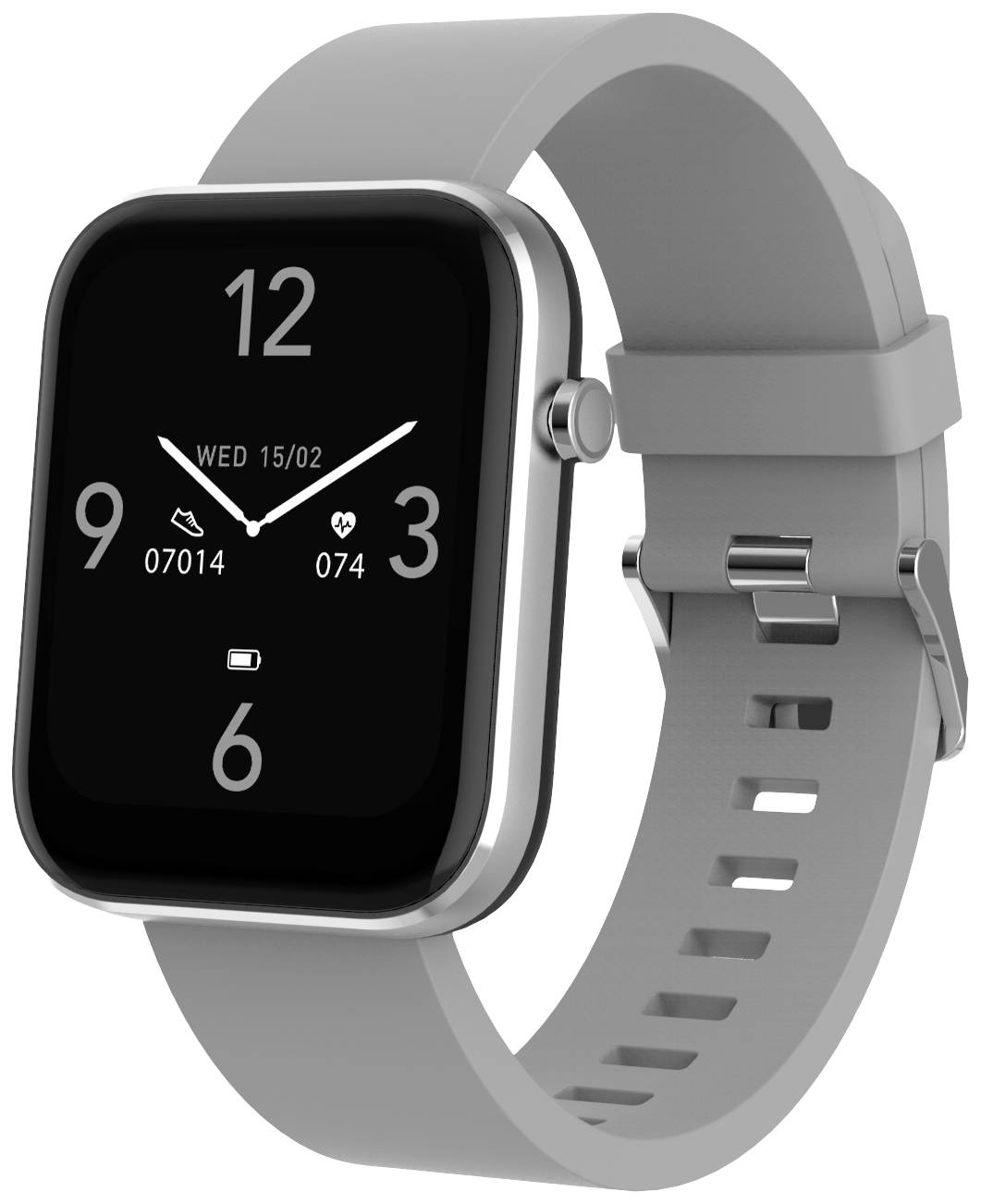Une montre connectée carrée avec un boîtier argenté et un bracelet gris affiche la date, l'heure et la fréquence cardiaque sur son cadran.