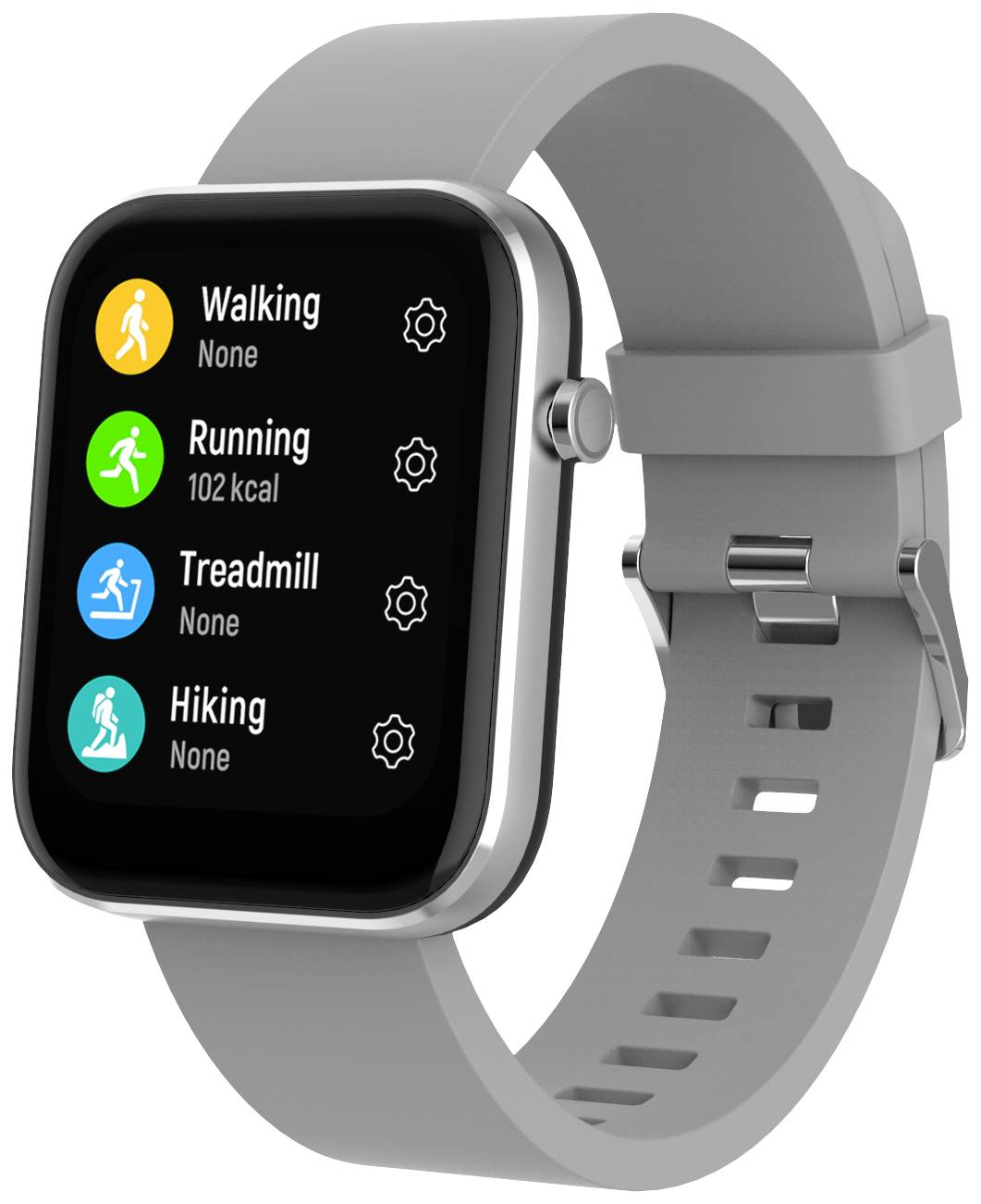 Montre connectée avec bracelet gris affichant l'application d'activité : 'Marche, Course 102 kcal, Tapis de course, Randonnée' avec une icône pour chaque activité.