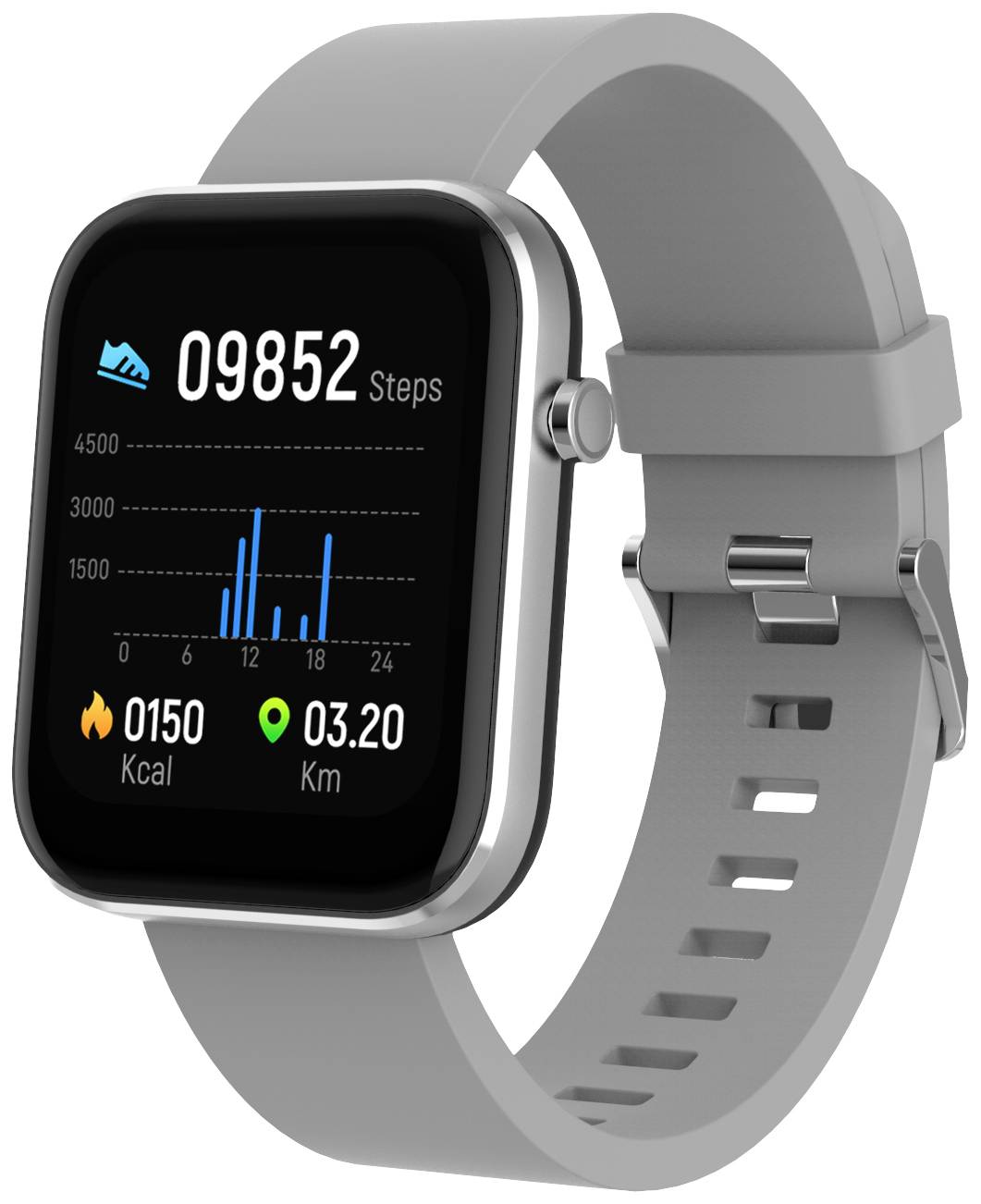 Une montre intelligente grise affiche 9 852 pas, 150 calories et 3,20 km. Un graphique à barres montre les pas répartis sur la journée.