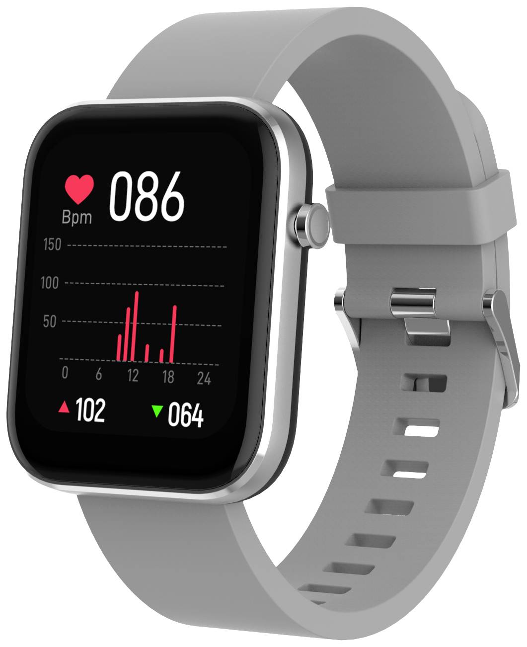 Montre intelligente grise avec affichage de la fréquence cardiaque. L'écran affiche une fréquence cardiaque de 086 bpm, un diagramme et une dépense calorique de 102, 064 pas.