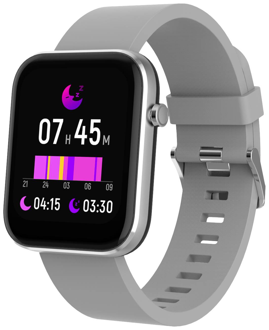 Une montre connectée grise affiche une application de suivi du sommeil sur son écran. L'heure indiquée est '07:45'. Un graphique à barres présente l'analyse du sommeil.