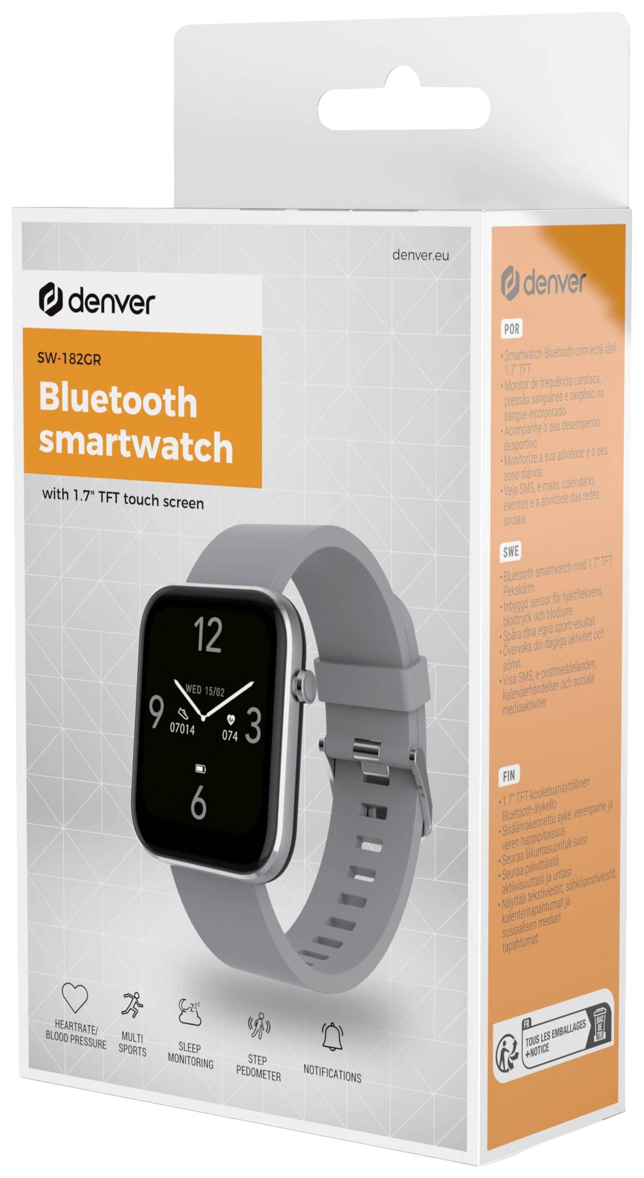 Emballage d'une montre connectée Bluetooth grise avec écran tactile TFT de 1,7 pouce. Fonctionnalités principales : mesure de la fréquence cardiaque, compteur de pas, notifications.