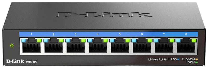 Commutateur réseau D-Link DMS-108 avec huit ports Ethernet, adapté aux connexions LAN dans les réseaux domestiques ou de bureau.
