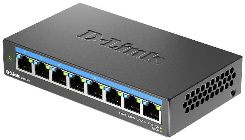Un commutateur réseau noir avec huit ports Ethernet, modèle D-Link DGS-108, pour des connexions réseau filaires.