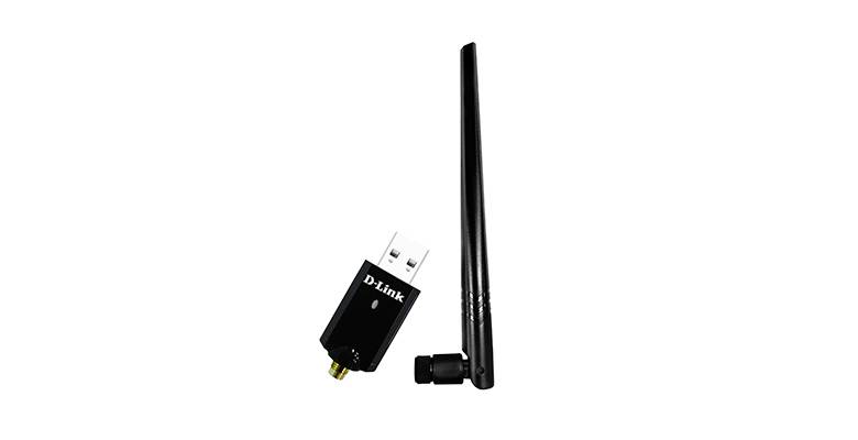 Un adaptateur USB Wi-Fi noir avec une grande antenne, utilisé pour les connexions Internet sans fil. Marqué 'D-Link'.