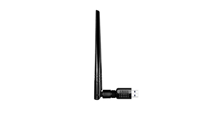Un adaptateur USB Wi-Fi doté d'une longue antenne verticale, permettant une connexion sans fil aux réseaux.