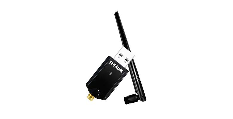 Adaptateur USB Wi-Fi de D-Link avec antenne amovible, utilisé pour étendre la connectivité Wi-Fi des ordinateurs.