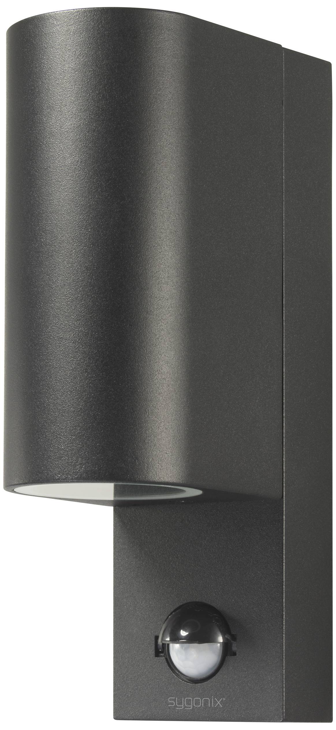 Applique murale avec capteur de mouvement intégré, design moderne avec boîtier noir. Idéal pour les espaces extérieurs avec éclairage automatique.
