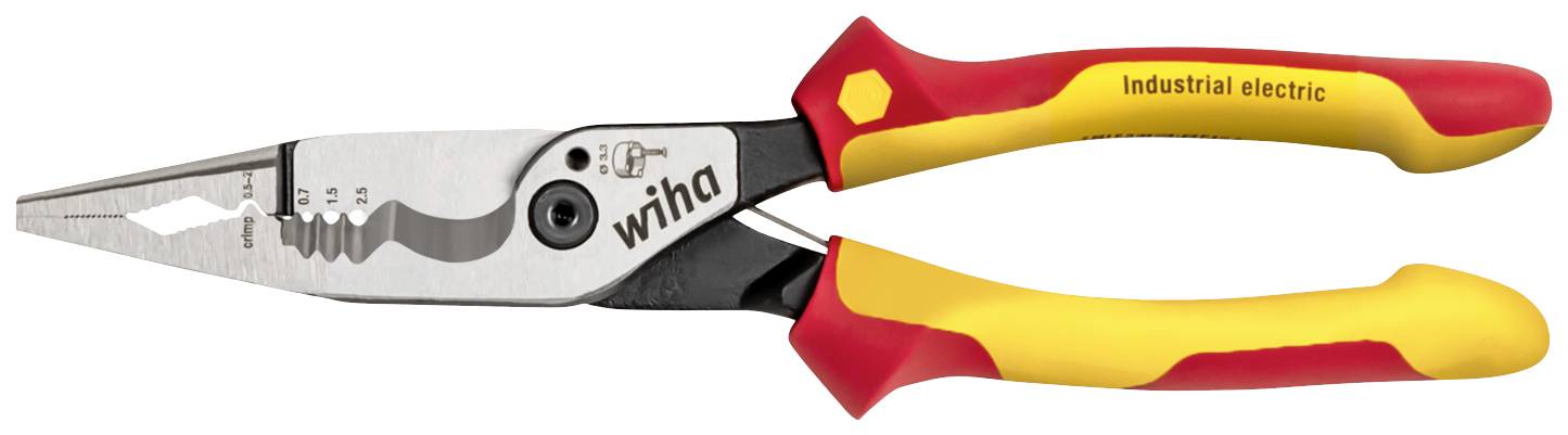 Wiha Kombizange avec poignée jaune-rouge, marquée 'Industrial electric', adaptée aux travaux électriques.